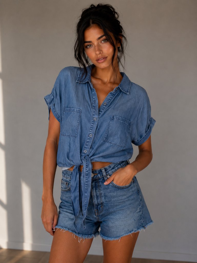 Lyocell Wash Lab Tie Front Shirt W/S Blue Nwt Wl1432t Short Sleeve